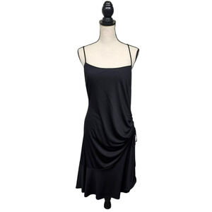 BCBG Asymmetric Slip Dress Size Large Ruched Party Clubwear Black Midi Y2K
